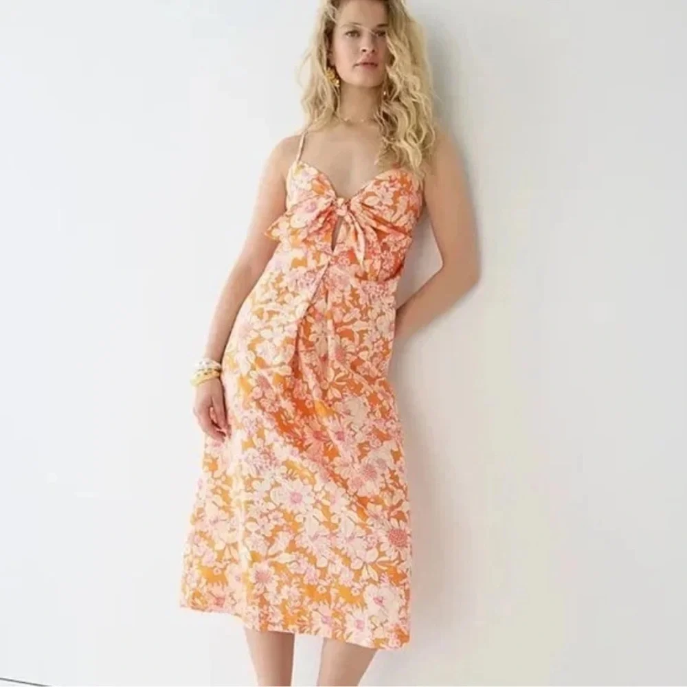 J. Crew Tie Front Cotton Poplin Orange Floral Midi Dress S Vacation Summer NWT
